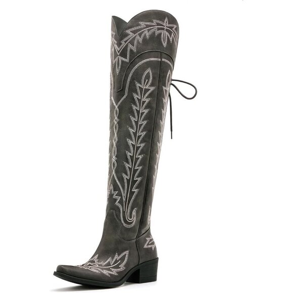 Embroidered Lace up Cowgirl Boots Grey Faux Leather Over the Knee Small Heels - Picture 1 of 7